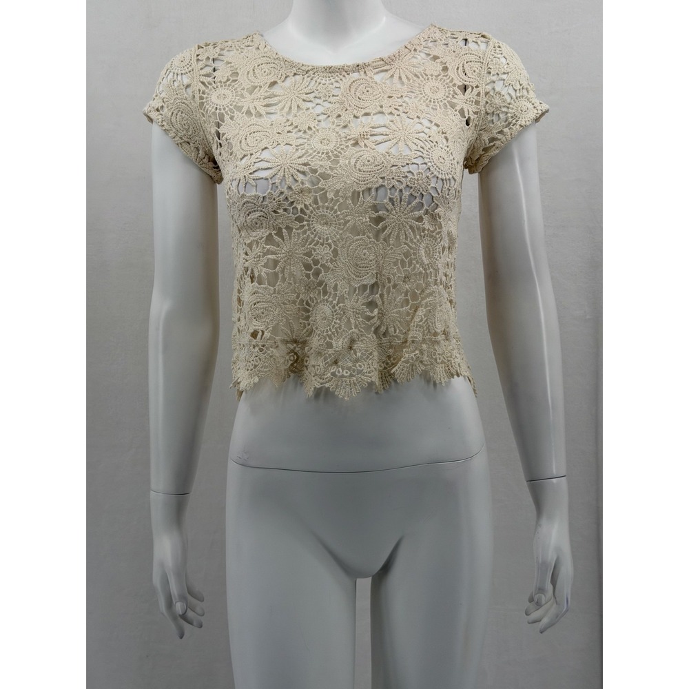 American Rag Top Womens Medium Ivory Crochet Lace Boho Crop Sheer Festival Beach